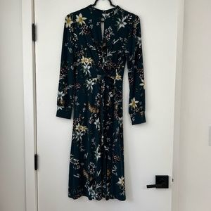 NWT Oasis | Tie-Waist Midi Floral Print Teal Dress Size S